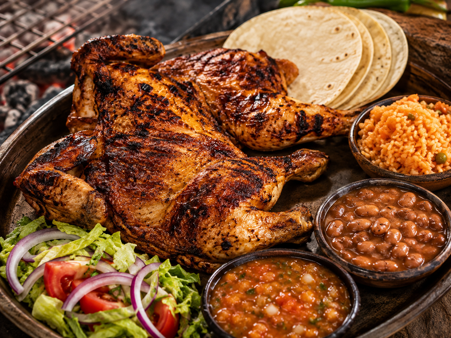 Pollo asado al carbón con leña de mesquite, tortillas, arroz y frijoles — especial de fin de semana en Quesadillas Lupita, Caldwell, Idaho